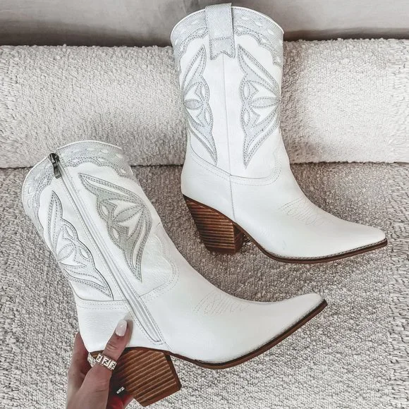 White Iridescent Metallic Applique Pointy Toe Block Heel Cowgirl Western Boots - Picture 15 of 15